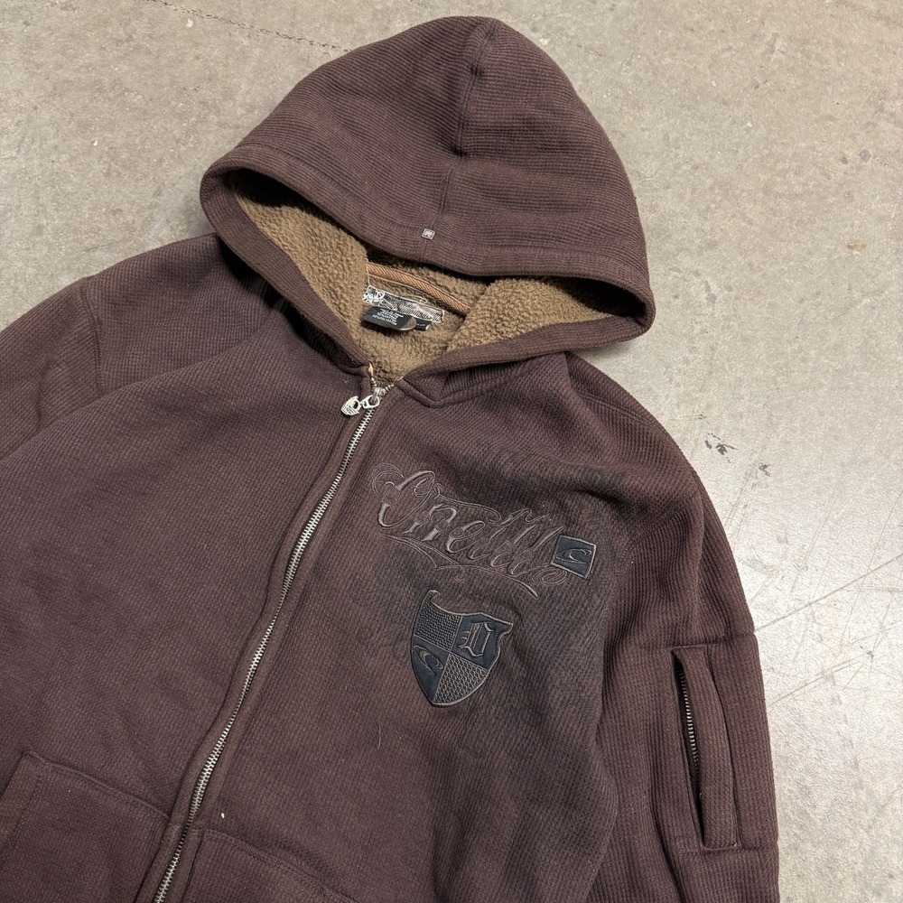O'Neill Mens Brown Waffle Knit Sherpa Lined‎ Full Zip Hoodie Jacket Medium Y2K